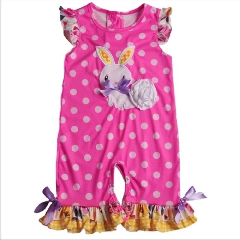 3/$50 NEW Bunny Romper Frills Bows Hot Pink Girls 12M Boutique Outfit Rabbit
